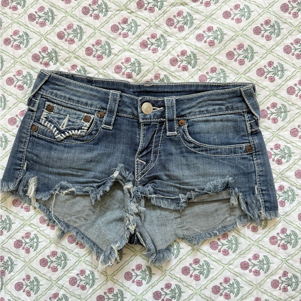 True Religion Blue Distressed Jean Shorts